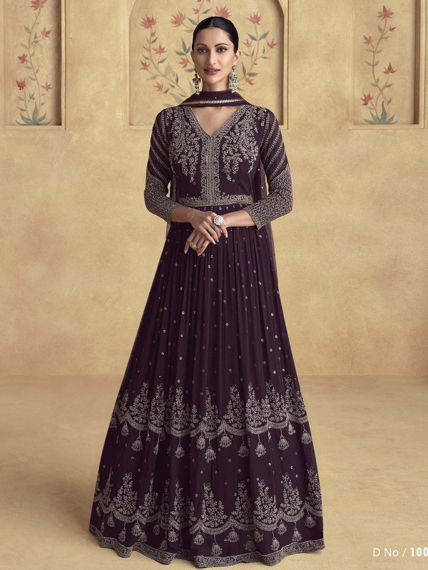 Wine Real Georgette Anarkali Gown With Dupatta